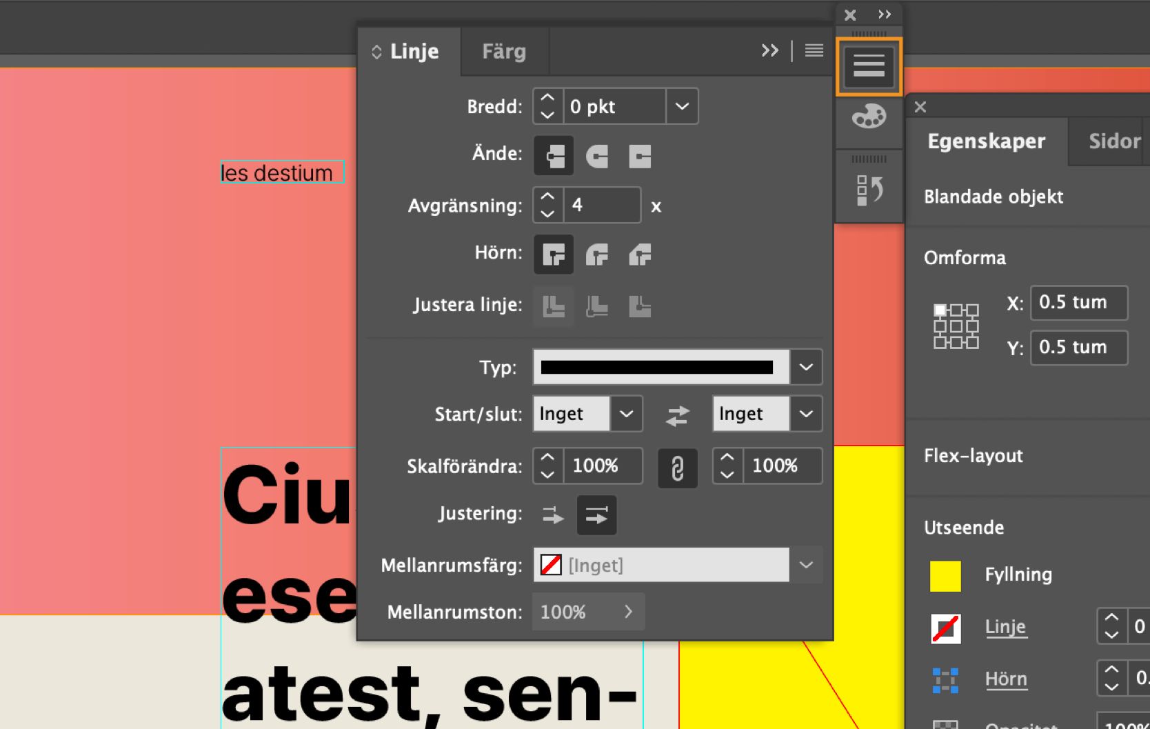 InDesign-arbetsyta med panelen Stroke utökad och ikonen Stroke vald och markerad.