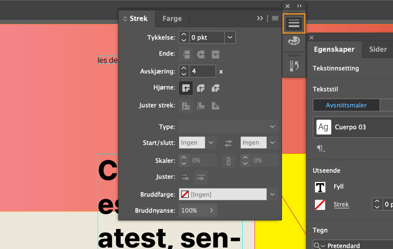 InDesign-arbeidsområde med Stroke-panelet utvidet og Stroke-ikonet valgt og uthevet.