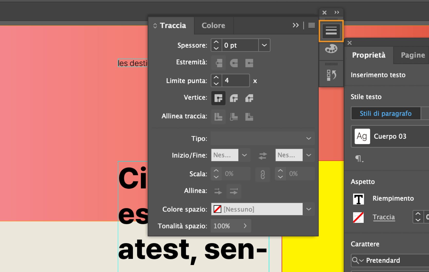 Area di lavoro di InDesign con il pannello Traccia espanso e l'icona Traccia selezionata e evidenziata.