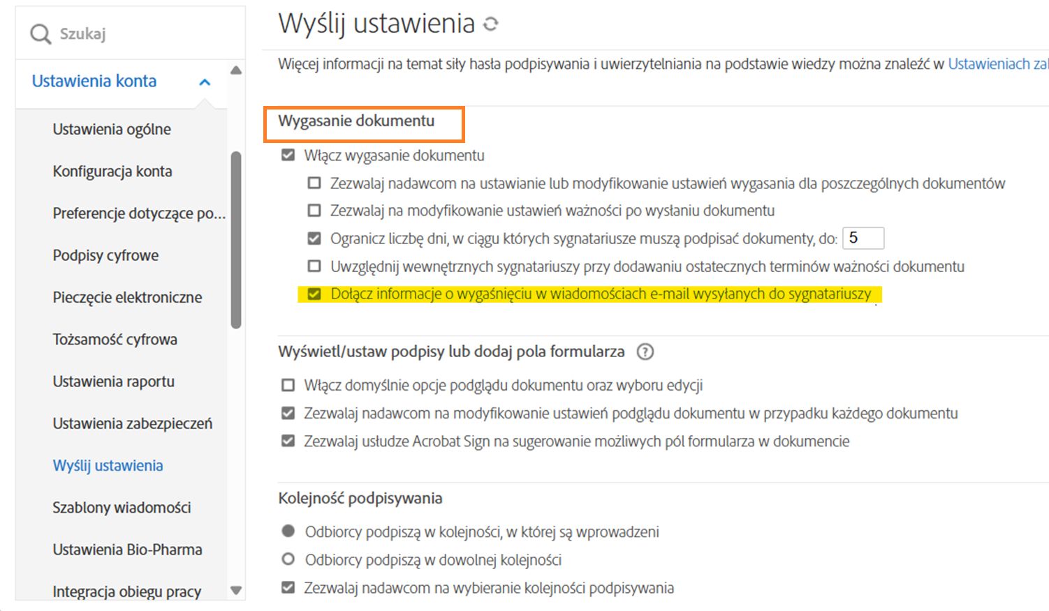 Elementy sterujące wygaśnięciem dokumentu na stronie Ustawienia wysyłania z podświetloną opcją „Włącz wygasanie dokumentu”.