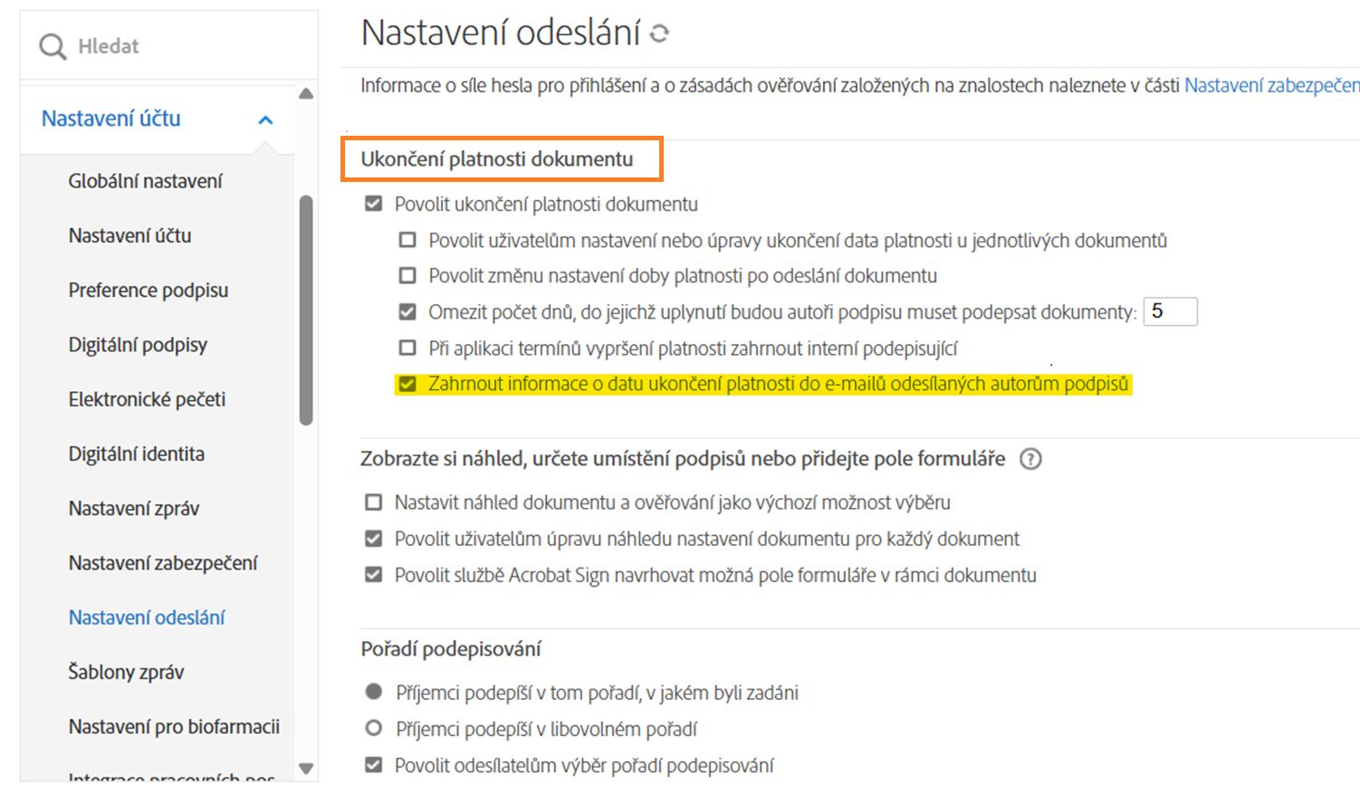Ovládací prvky Ukončení platnosti dokumentu na stránce Nastavení odeslání se zvýrazněnou možností „Povolit ukončení platnosti dokumentu“.