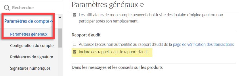 Configuration des rappels à signaler dans le rapport d’audit