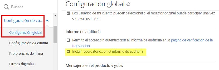 Configure la inclusión de los recordatorios en el informe de auditoría.