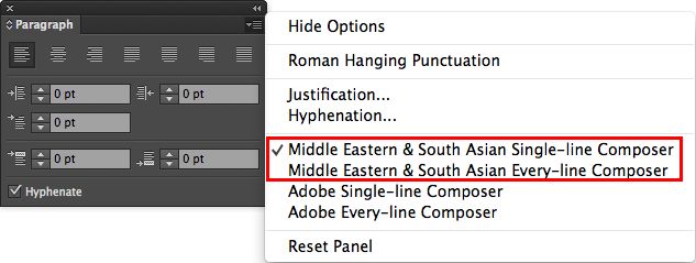 Verfügbare Setzer, wenn Sie auf indoarische oder südostasiatische Sprachoptionen umschalten