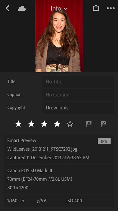 Panel Informacje w programie Lightroom na urządzenia mobilne (iOS)