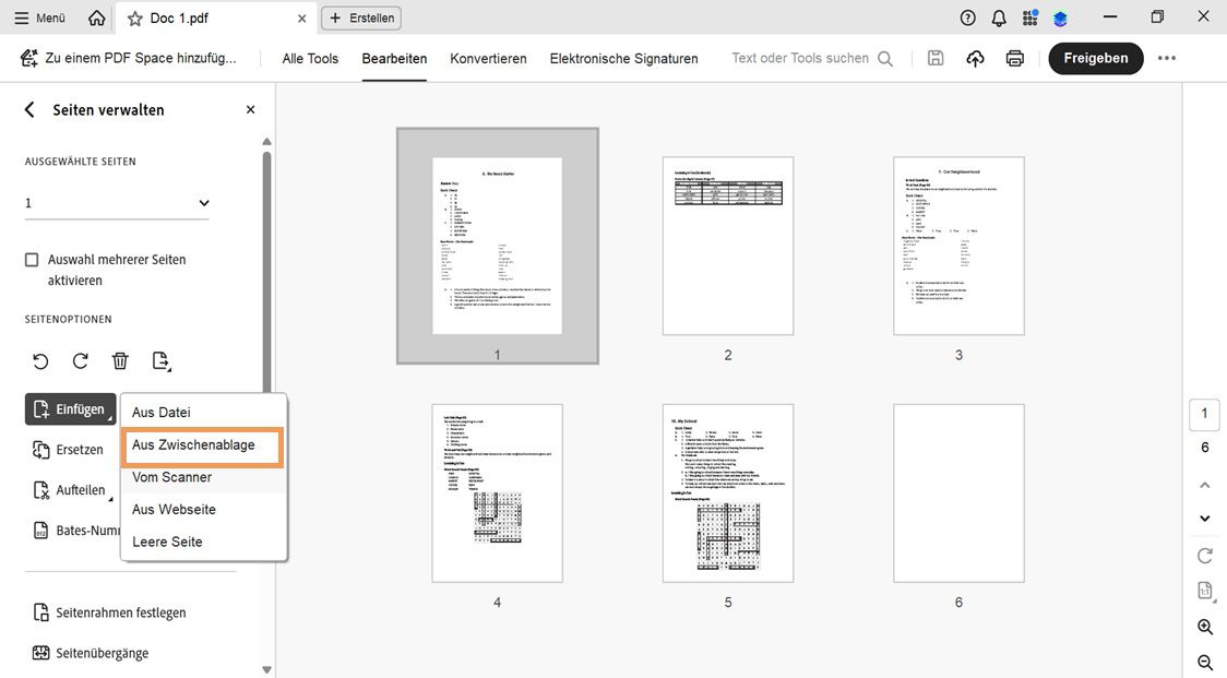 Menü „Einfügen“ unter „Seiten organisieren“ mit der ausgewählten Option „Aus Zwischenablage“, um kopierte Inhalte zu einer PDF-Datei hinzuzufügen.