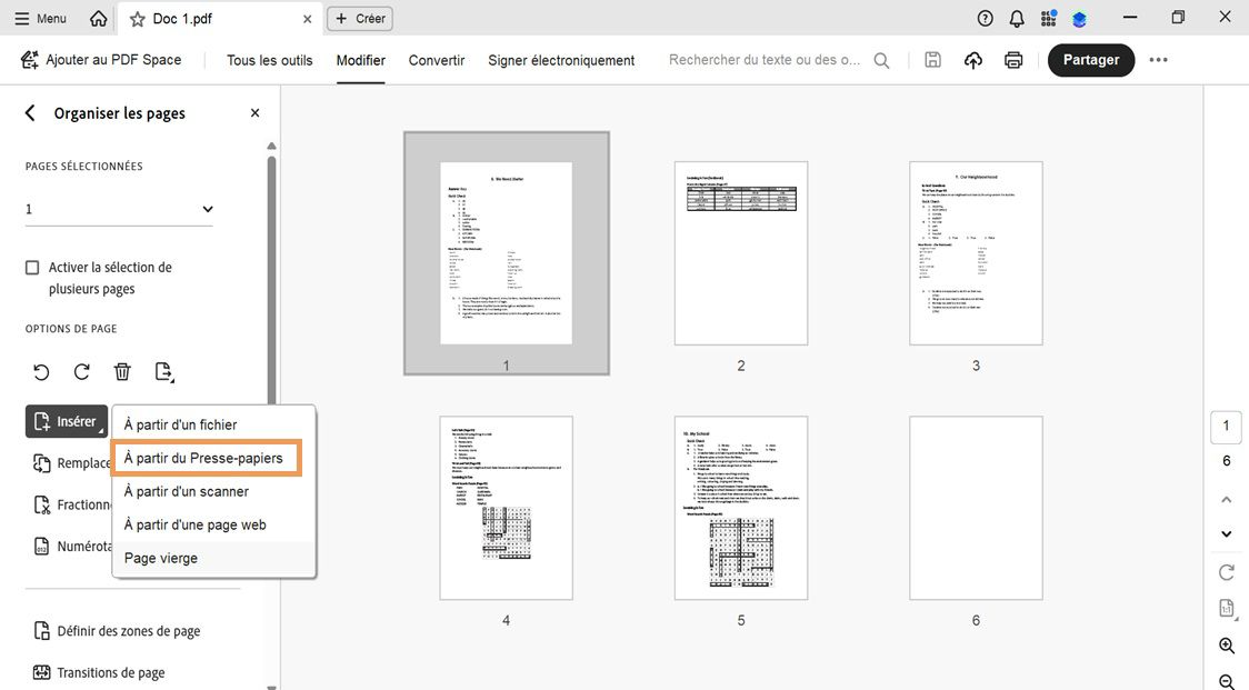 Menu Insérer dans le panneau Organiser les pages montrant l’option « À partir du Presse-papiers » sélectionnée pour ajouter le contenu copié dans un PDF.