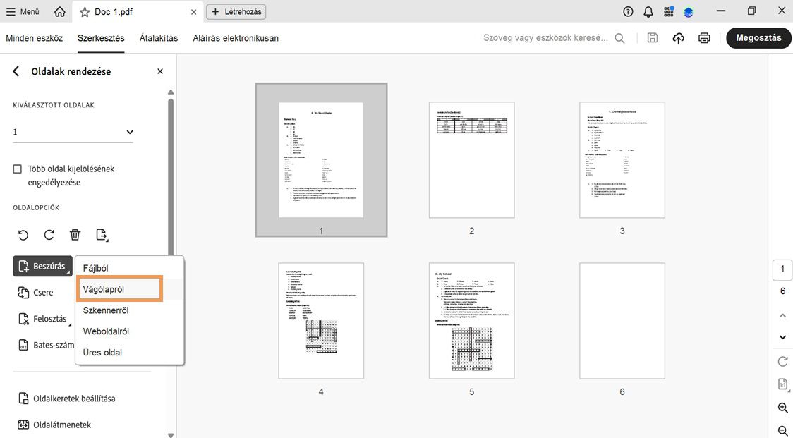 Az Oldalak rendezése menüben a „Vágólapról” opció kiválasztva a másolt tartalom PDF-be illesztéséhez.