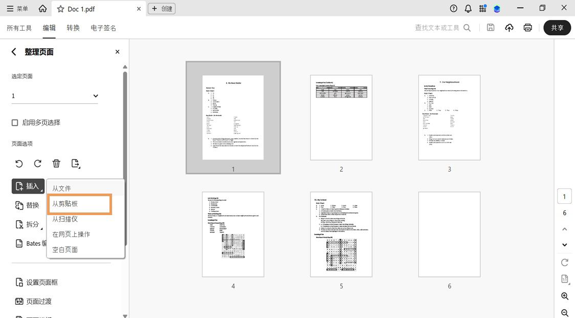 “组织页面”中的“插入”菜单显示已选择“从剪贴板插入”选项，可将复制的内容添加到 PDF 中。