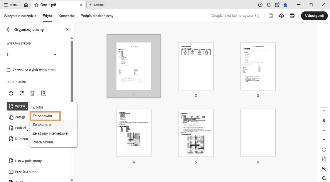 Menu Wstaw w narzędziu Organizuj strony z zaznaczoną opcją „Ze schowka” w celu dodania skopiowanej zawartości do pliku PDF.