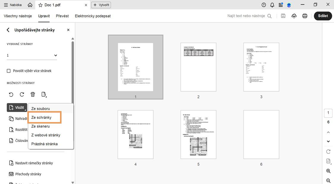 Nabídka Vložit v nástroji Uspořádání stránek s vybranou možností „Ze schránky pro přidání zkopírovaného obsahu do PDF.