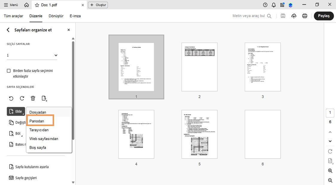 Sayfaları Organize Et bölümünde, Kopyalanan içeriği bir PDF'ye eklemek için &quot;Panodan&quot; seçeneğinin seçili olduğunu gösteren Ekle menüsü.