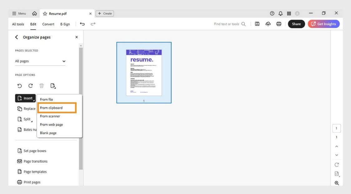 תפריט Insert בכלי Organize pages מציג את האפשרות From clipboard נבחרת כדי להוסיף תוכן מועתק ל-PDF.