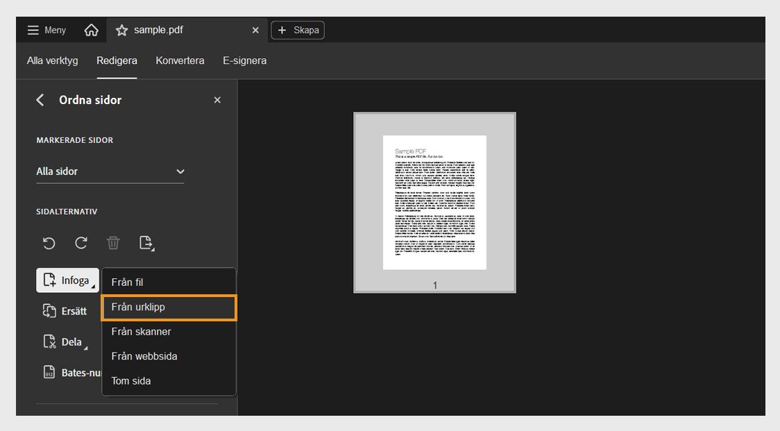 Menyn Infoga i Ordna sidor visar Från urklipp markerat för att lägga till kopierat innehåll i en PDF-fil.