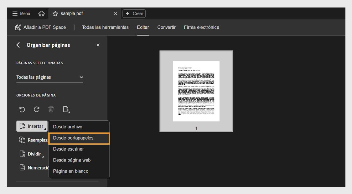 Menú Insertar en Organizar páginas que muestra &quot;Desde el portapapeles&quot; seleccionado para añadir contenido copiado a un pdf.