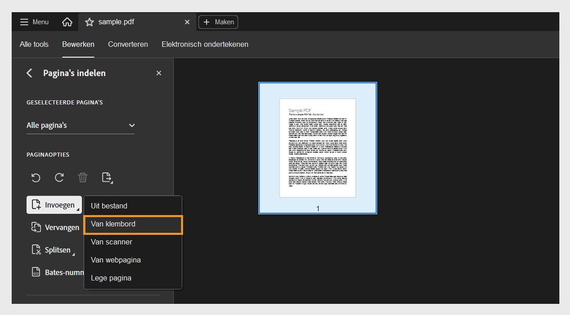 Het menu Invoegen in Pagina's indelen met de optie Van klembord geselecteerd om gekopieerde inhoud in een PDF in te voegen.