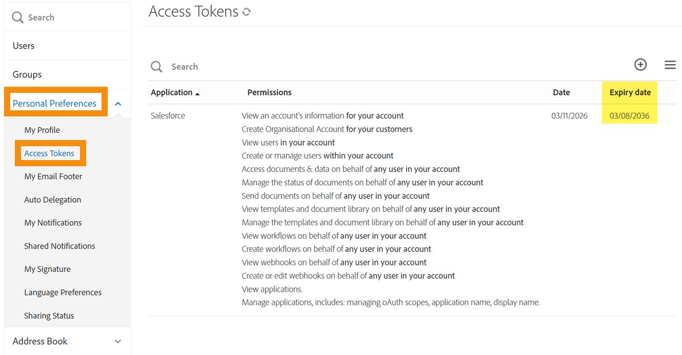 Scheda “Token di accesso” con la data di scadenza della chiave di integrazione evidenziata.