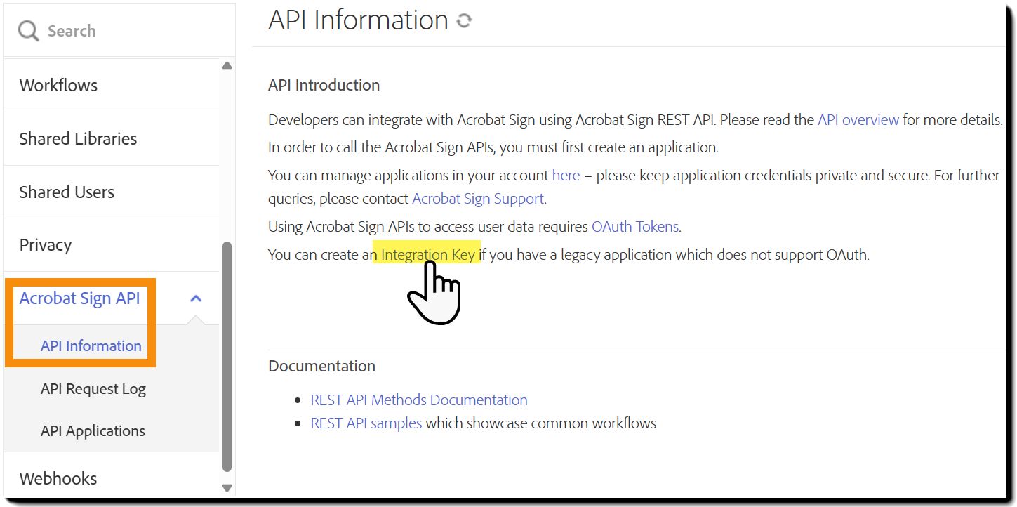 API Information-siden med Integration Key-lenken uthevet.