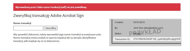 Nieprawidłowy identyfikator transakcji