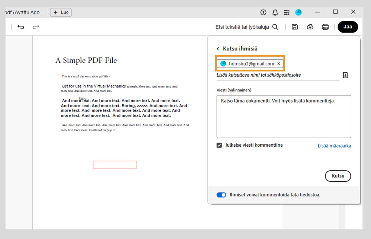 Kutsu tiettyjä henkilöitä tarkastelemaan jaettua PDF-tiedostoa tai kommentoimaan sitä.