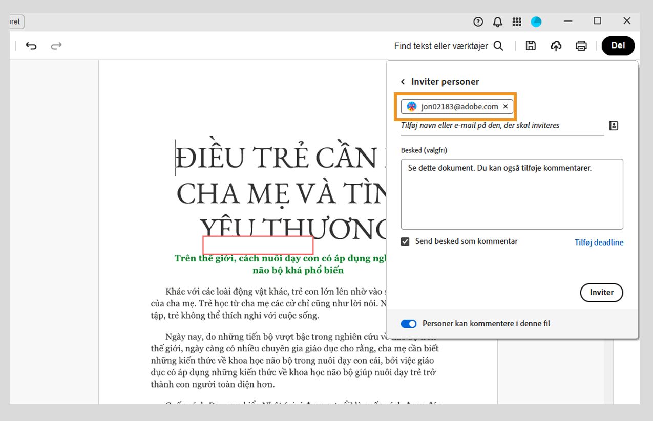 Inviter bestemte personer til at se eller kommentere den delte PDF.
