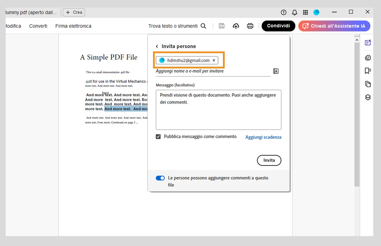Invita singoli utenti specifici a visualizzare o inserire commenti sul PDF condiviso.