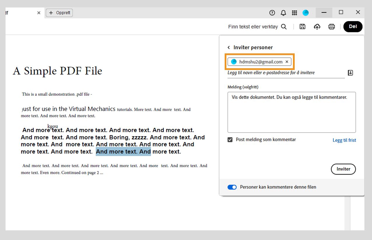 Inviter bestemte personer til å vise eller kommentere i den delte PDF-filen.