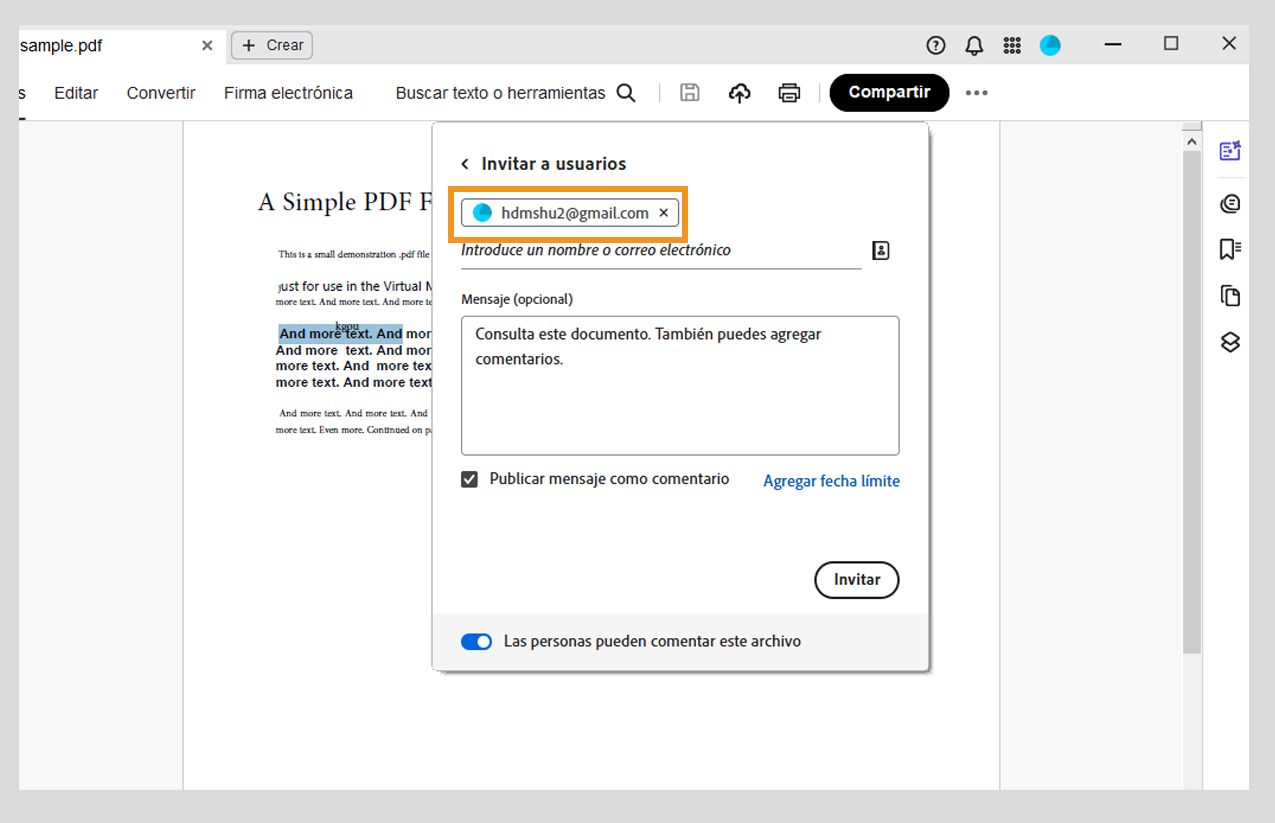 Invita a personas específicas para ver o comentar el PDF compartido.