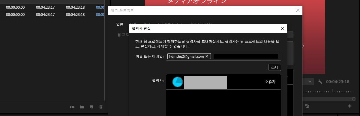 협력자 편집 대화 상자가 열려 있고 새로운 Team Projects에서 새 협력자를 초대하는 옵션이 있습니다.