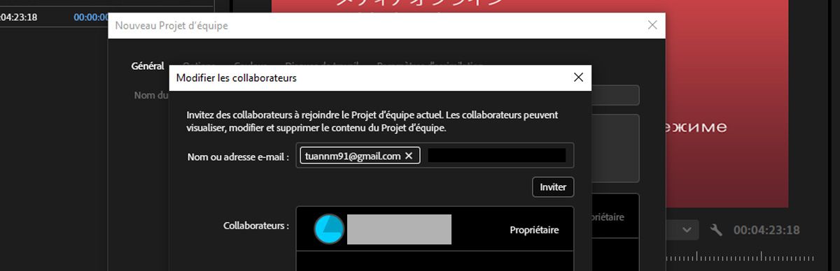 La boîte de dialogue Modifier les collaborateurs est ouverte et il existe des options pour inviter de nouveaux collaborateurs et collaboratrices dans un nouveau projet Team Projects.