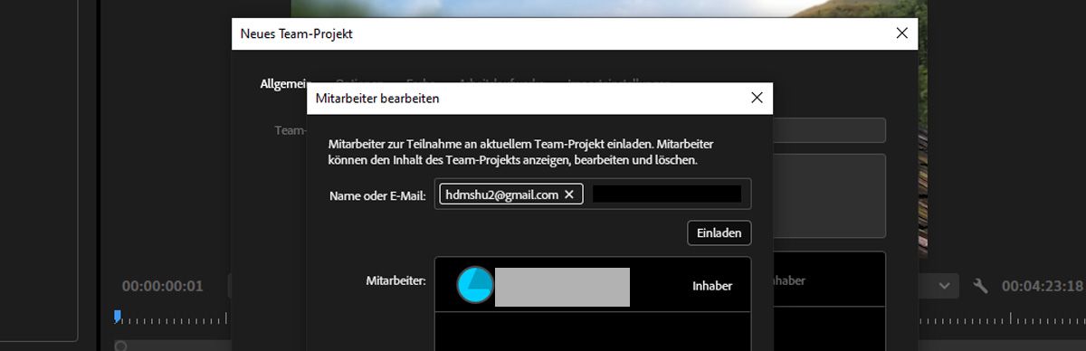 Das Dialogfeld „Mitarbeiter bearbeiten“ ist geöffnet und zeigt Optionen an, um neue Mitwirkende in ein neues Team-Projekt einzuladen.