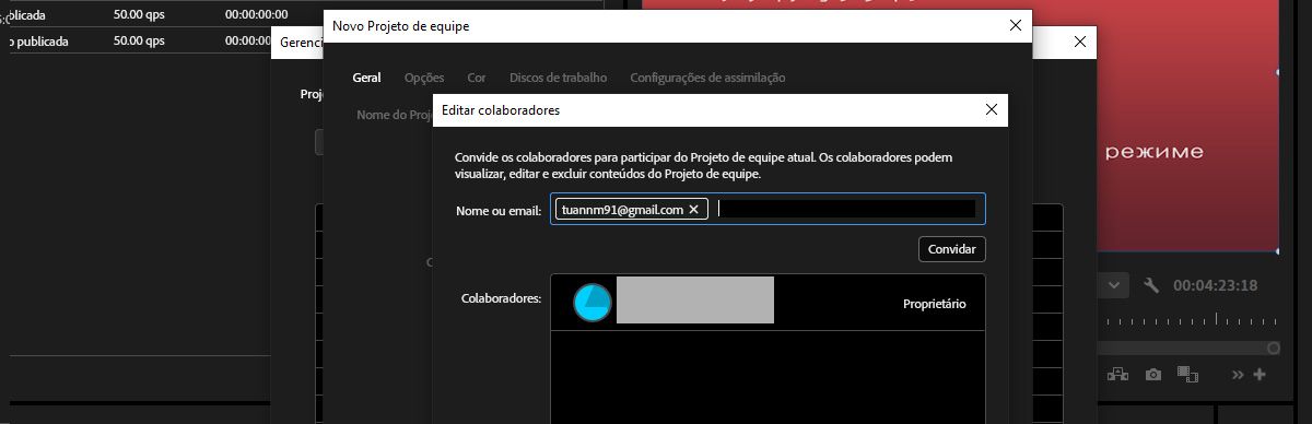 A caixa de diálogo “Editar colaboradores” está aberta, com opções de convidar novos colaboradores em um novo projeto de equipe.