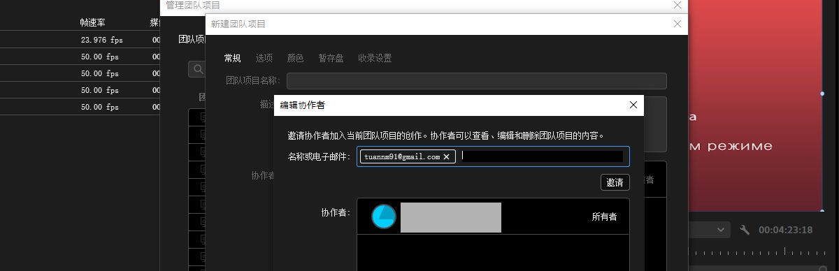 “编辑协作者”对话框已打开，其中提供了在新团队项目中邀请新协作者的选项。