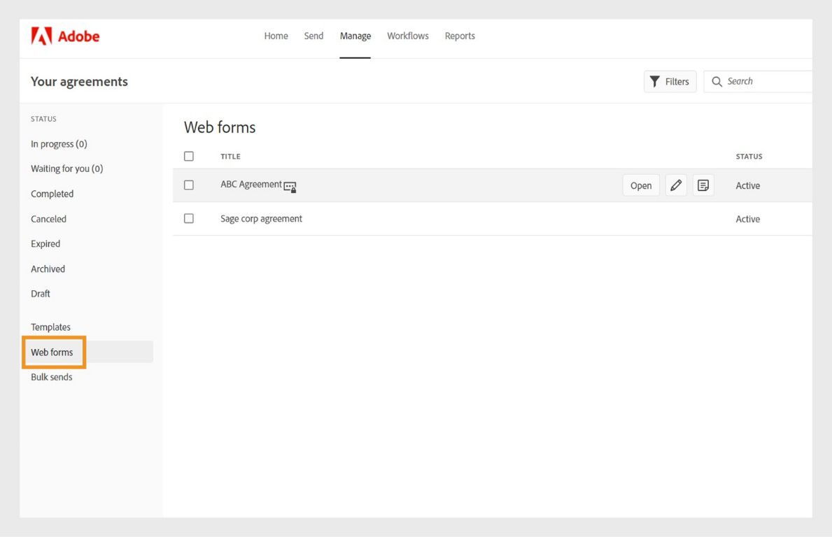 האפשרות מציגה את רשימת טופסי האינטרנט בחשבון שלכם, את הסטטוס שלהם ואת התאריך האחרון של שינוי הטופס.