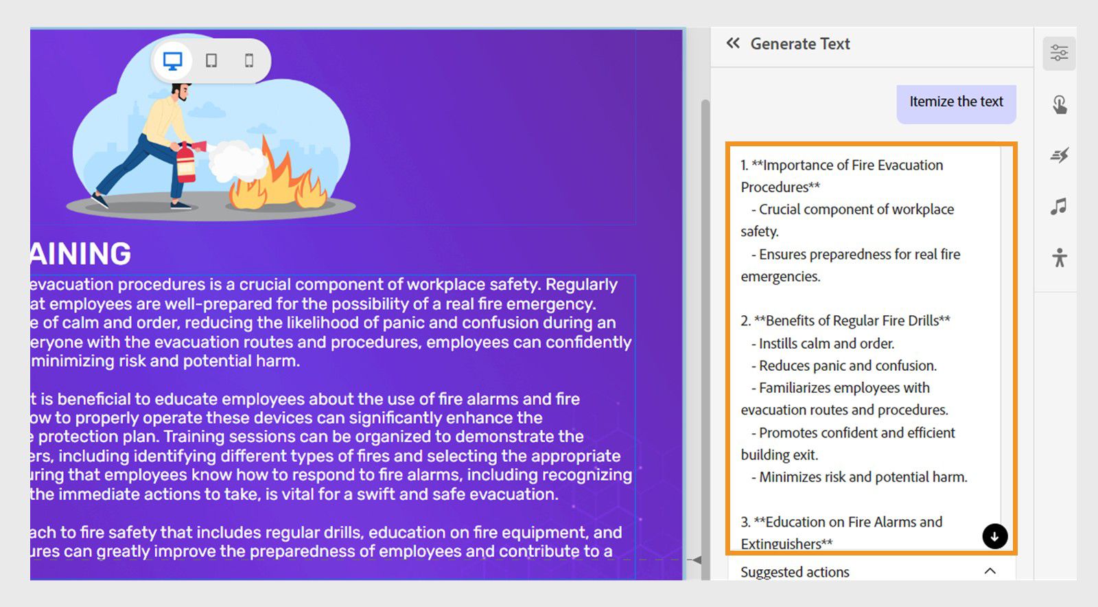  Itemize text dialog showing the Generate text option with Itemize text selected, and a preview of the transformed bullet-point content.