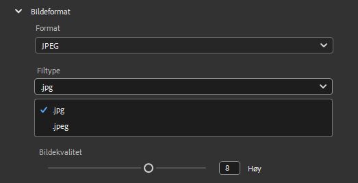 Velg JPEG-bildeformatet, og angi ønsket filtype.