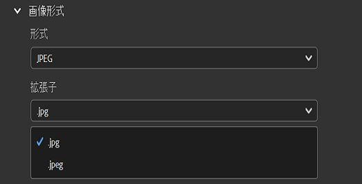 JPEG 画像形式を選択し、目的のファイル拡張子を設定します。