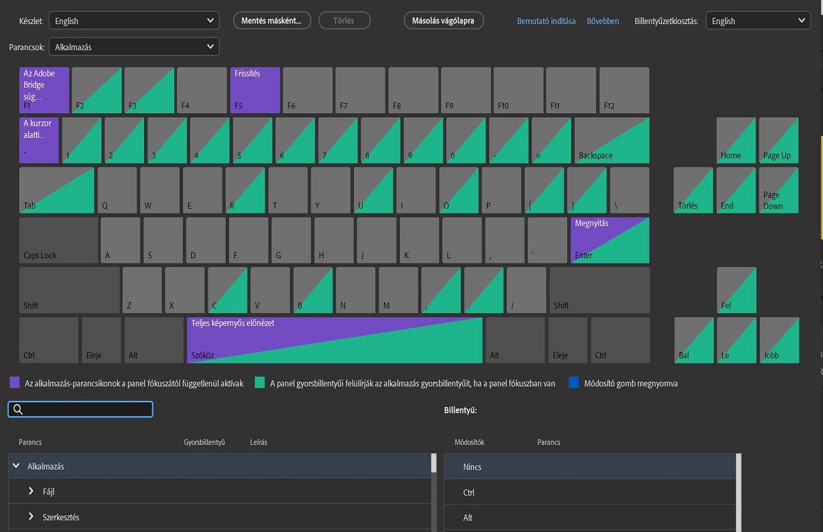 Fedezze fel az Adobe Bridge Billentyűparancsok paneljét.