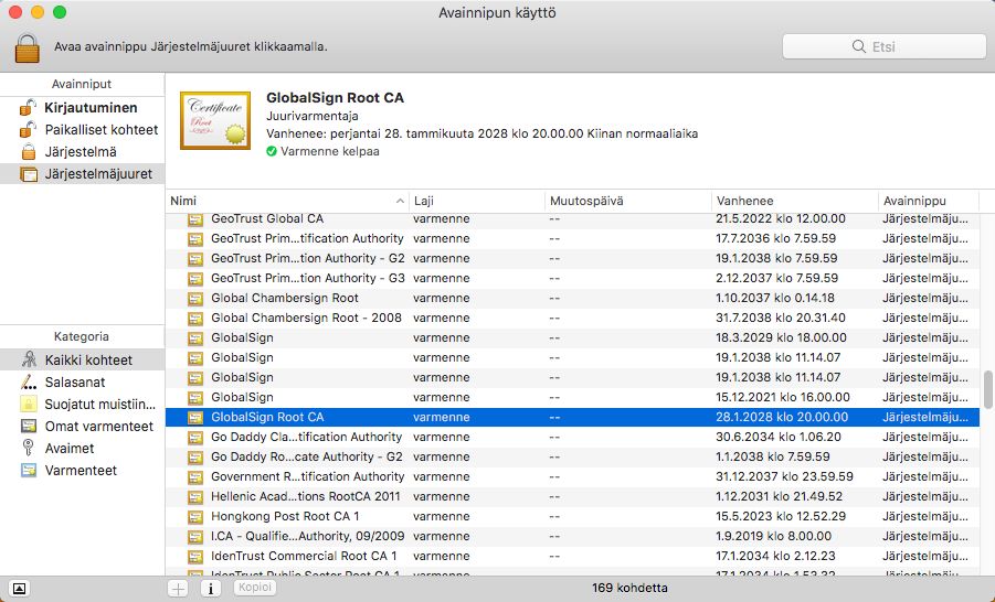 GlobalSign Root CA -varmenne Mac OS -käyttöjärjestelmässä