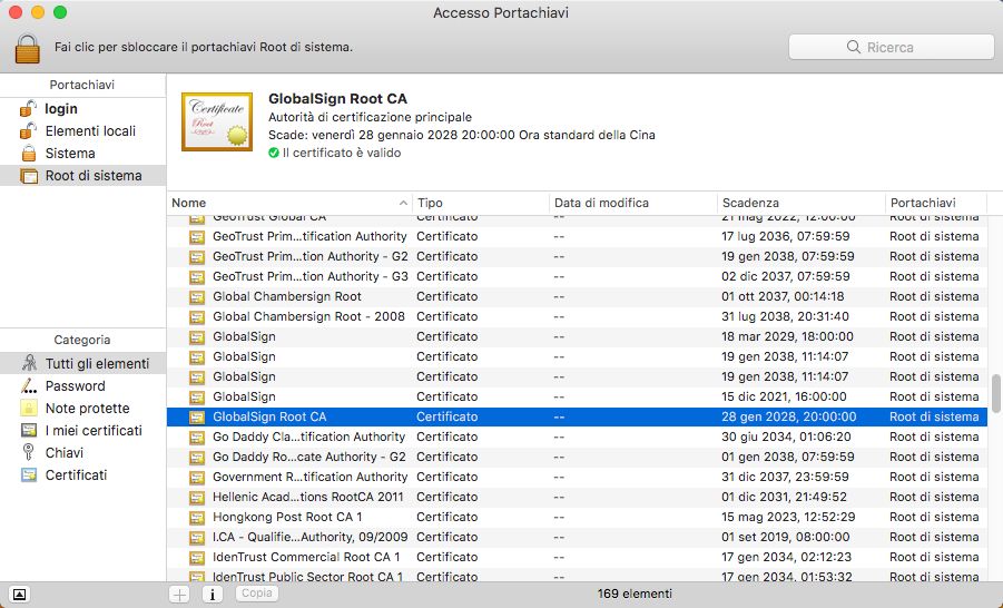 Certificato CA radice di GlobalSign in Mac OS
