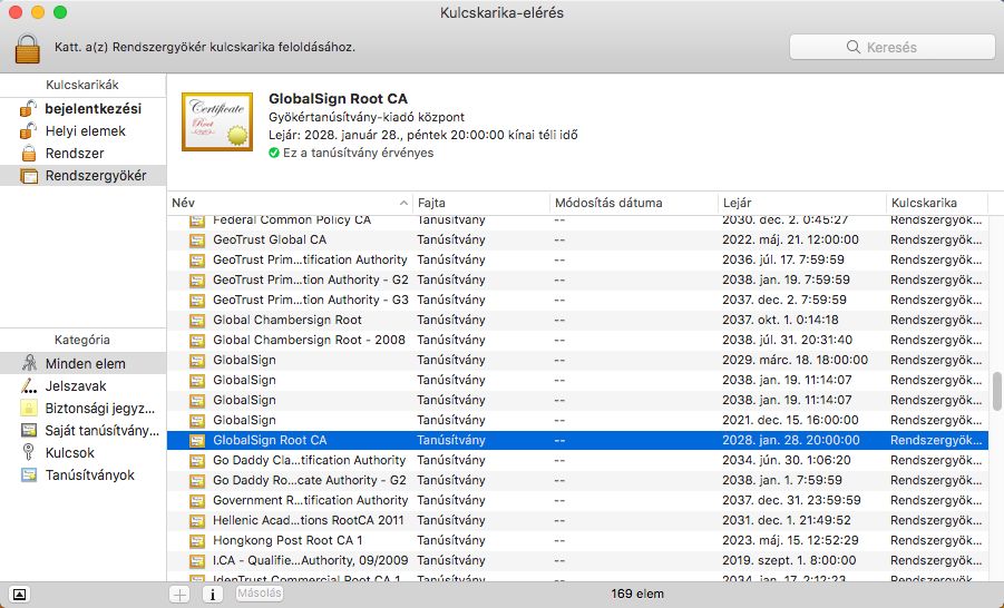 GlobalSign Root CA tanúsítvány Mac OS-ben