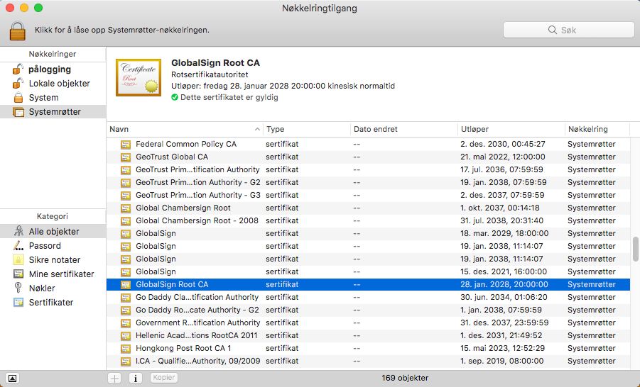 CA-rotsertifikat fra GlobalSign i Mac OS