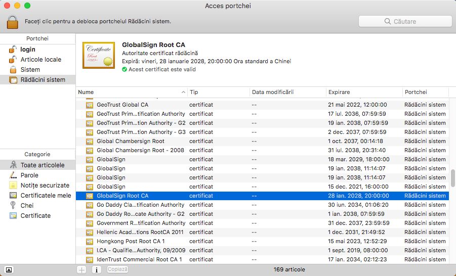 Certificatul GlobalSign Root CA pe Mac OS