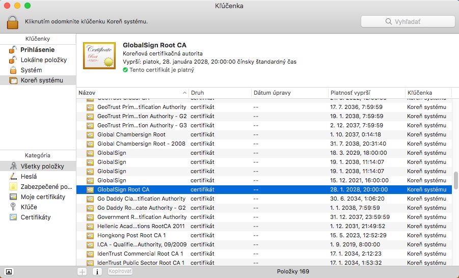 Certifikát GlobalSign Root CA v systéme Mac OS