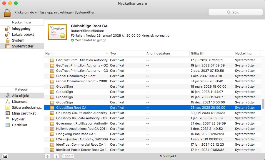 GlobalSign Root CA-certifikat i Mac OS