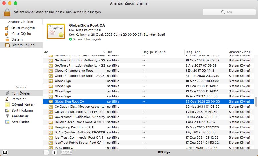 Mac OS'ta GlobalSign Root CA sertifikası