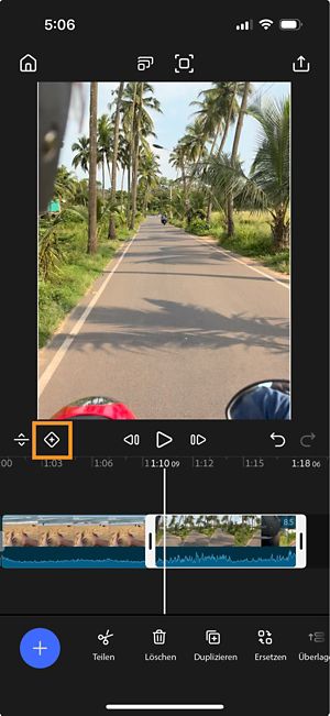 Keyframe-Button hervorgehoben in den Timeline-Steuerelementen.