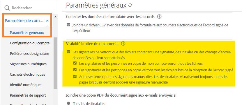 Onglet Paramètres globaux avec les commandes LDV mises en évidence