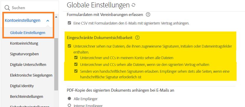 Registerkarte „Globale Einstellungen“ mit hervorgehobenen LDV-Steuerelementen