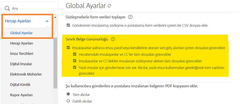 LDV kontrollerinin vurgulandığı Global Ayarlar sekmesi.